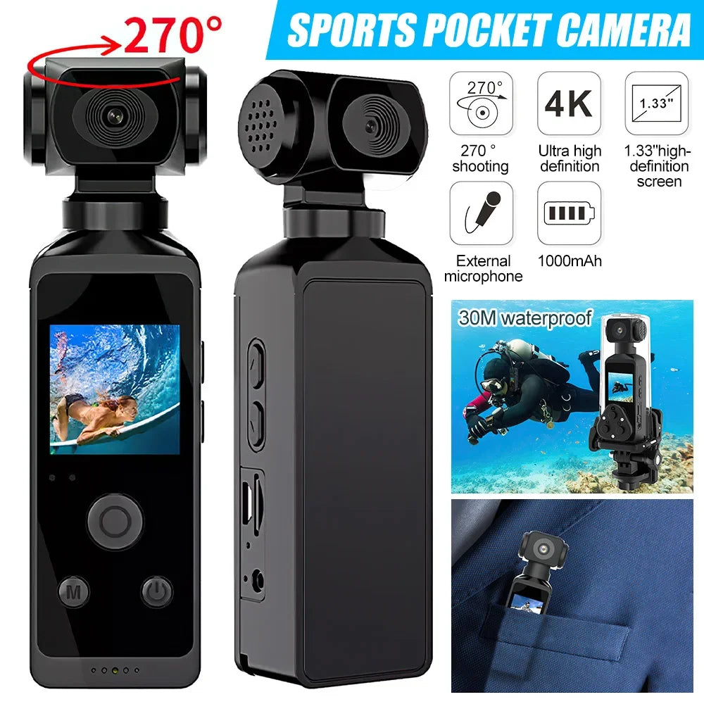 4K Action Camera Pocket Wifi Mini Sports Camera  270° Rotatable Sports Photo Video Vlog Recorder with Microphone Waterproof Case